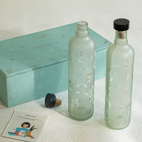 Frosted Leaf Glass Water Bottle Set of Two