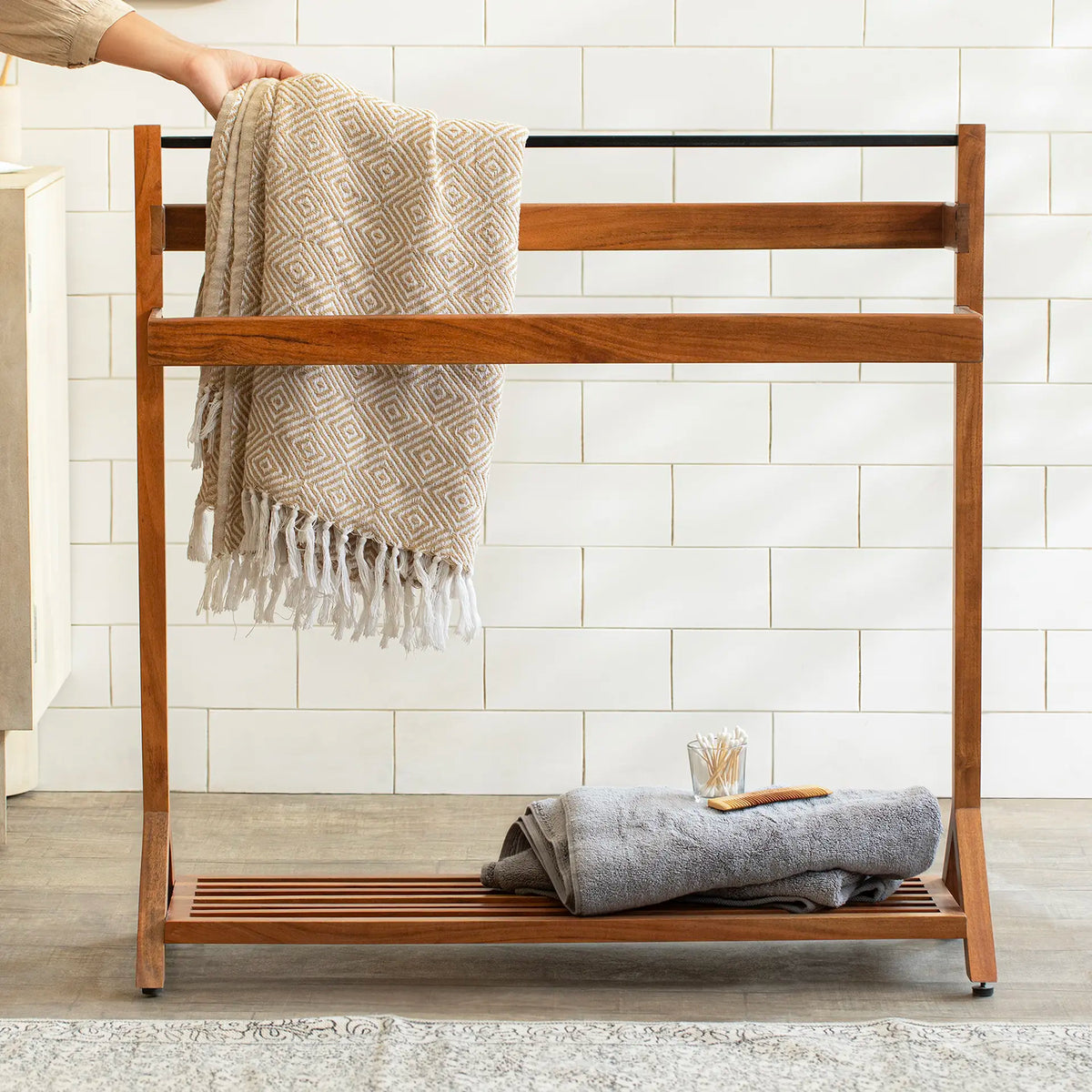 Ready-To-Assemble Wooden Towel Holder with Shelf