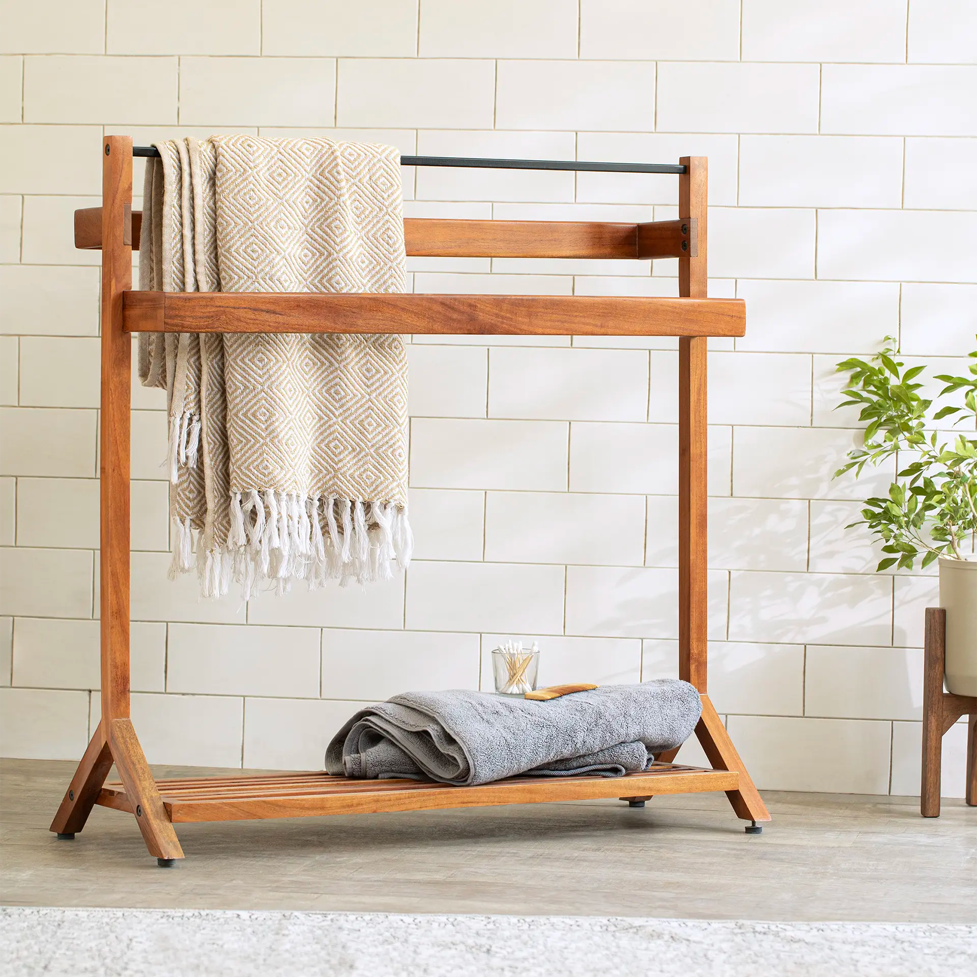 Ready-To-Assemble Wooden Towel Holder with Shelf