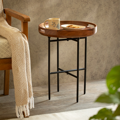 Ready-To-Assemble Wooden Side Table with Metal Stand