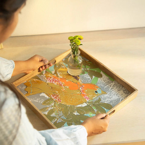 Wooden Multicolour Bird Tray - Square