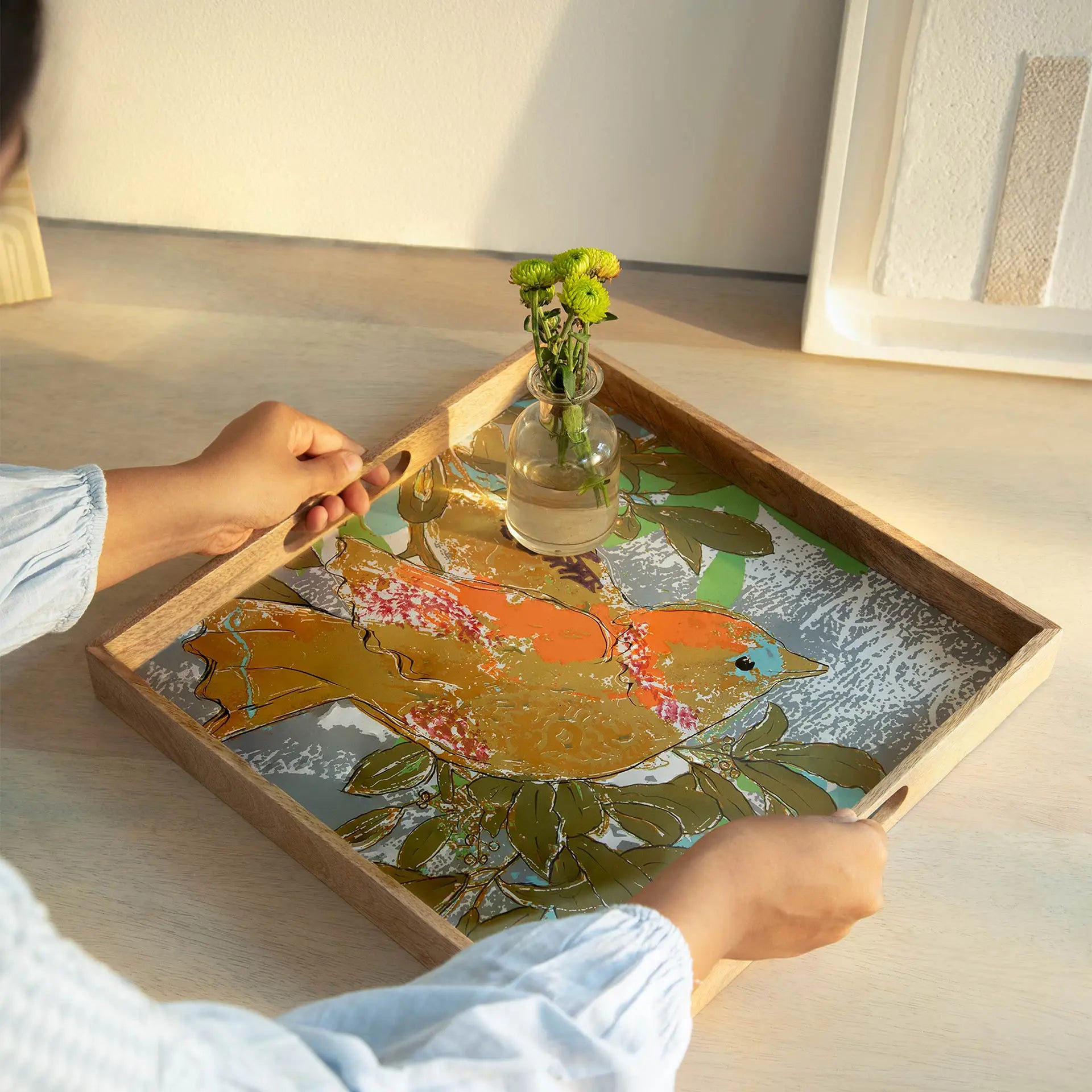 Wooden Multicolour Bird Tray - Square