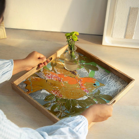 Wooden Multicolour Bird Tray - Square