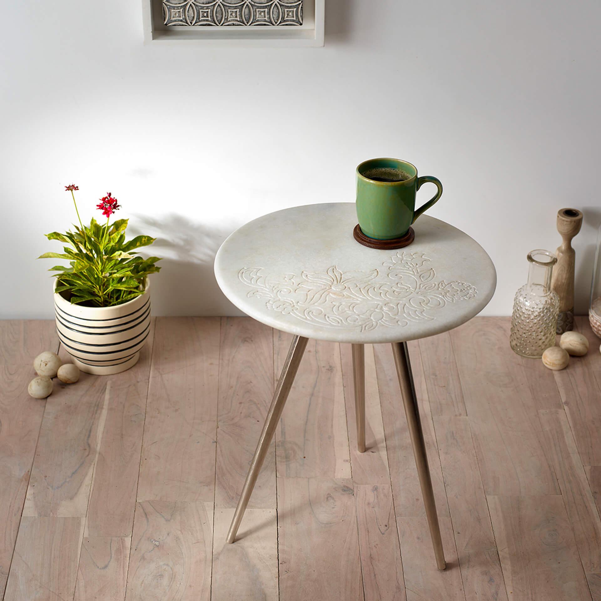 Round Marble Side Table with Steel Base